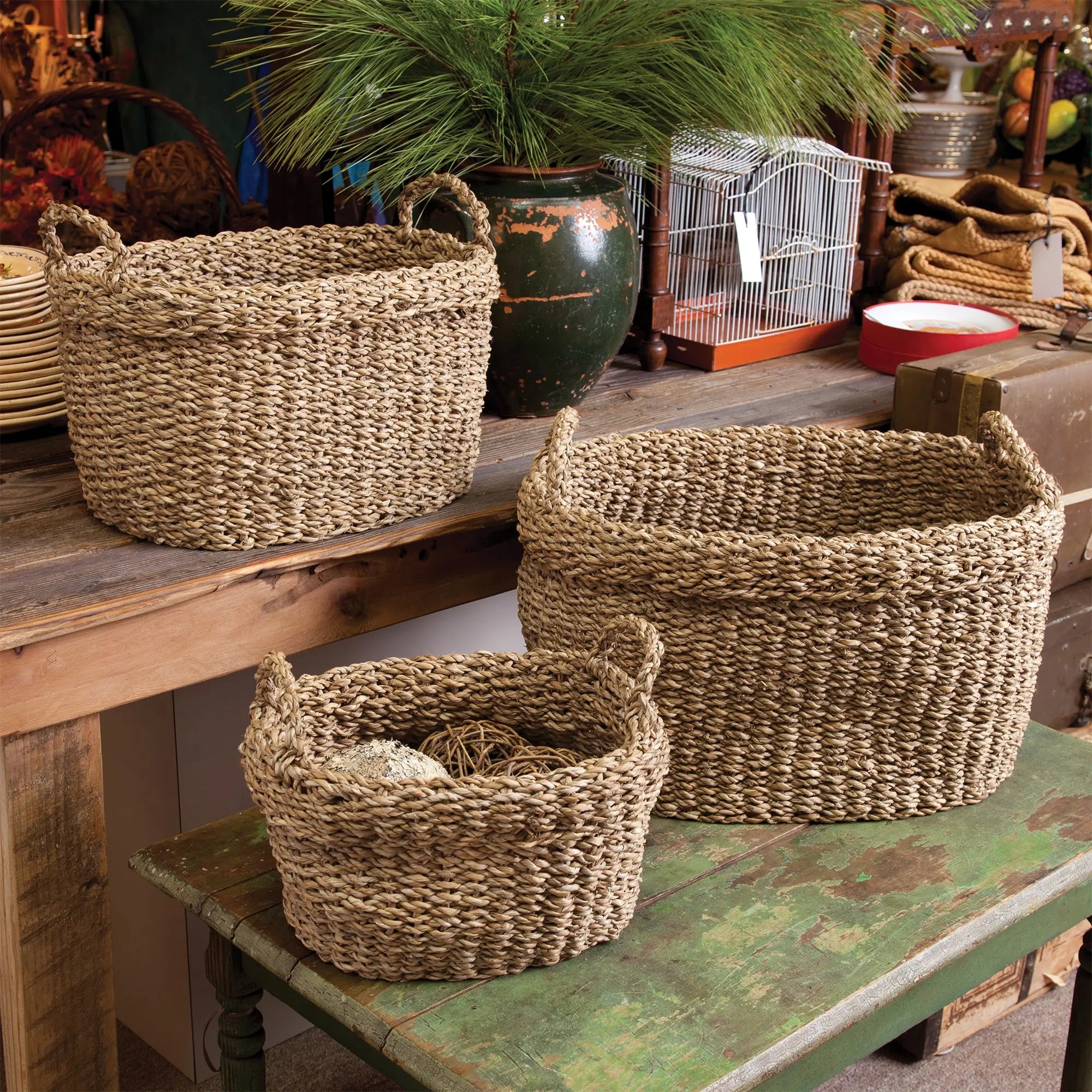SEAGRASS OVAL BASKETS WITH HANDLES, SET OF 3 Villa Decor & Design