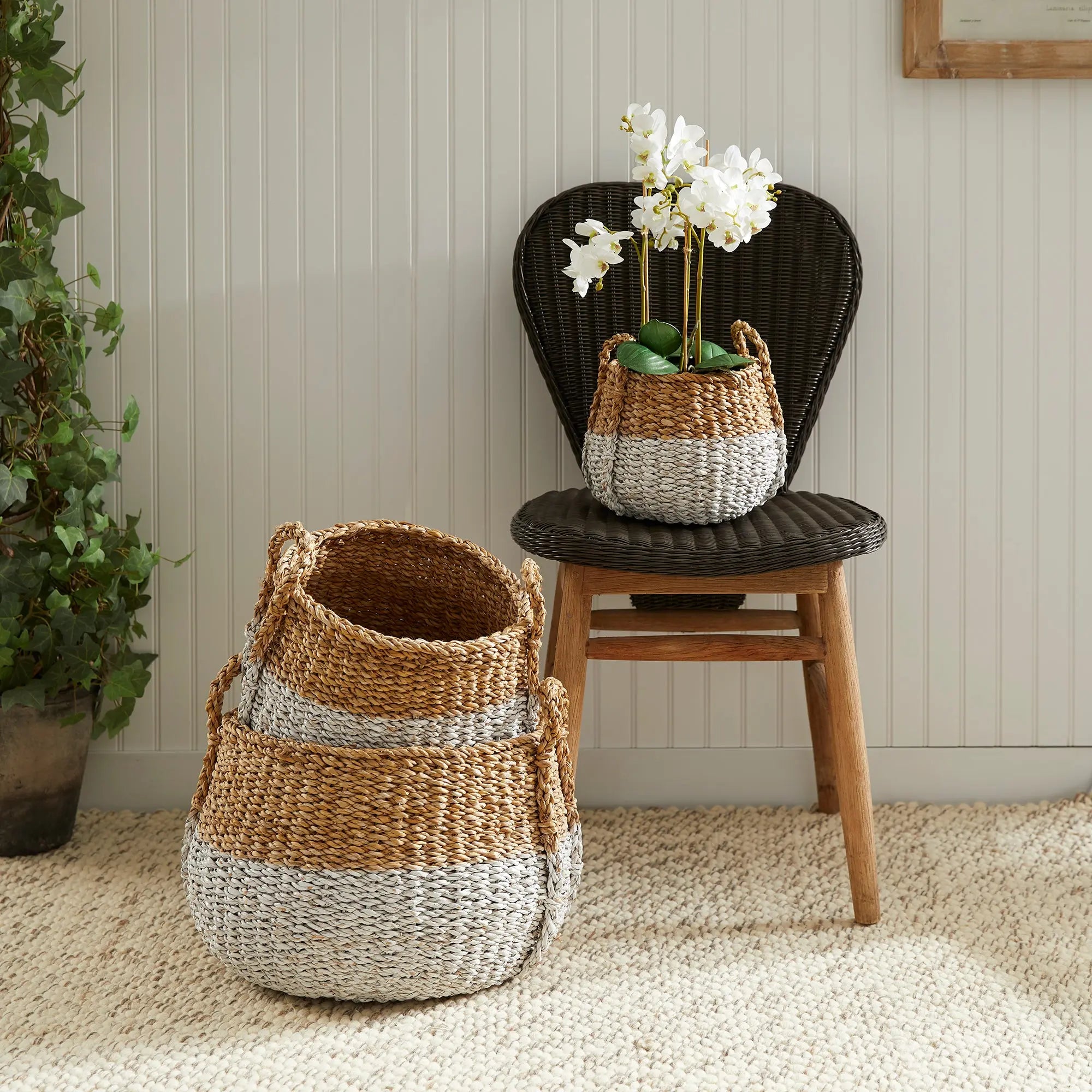 SEAGRASS ROUND BASKETS WITH HANDLES, SET OF 3 Villa Decor & Design