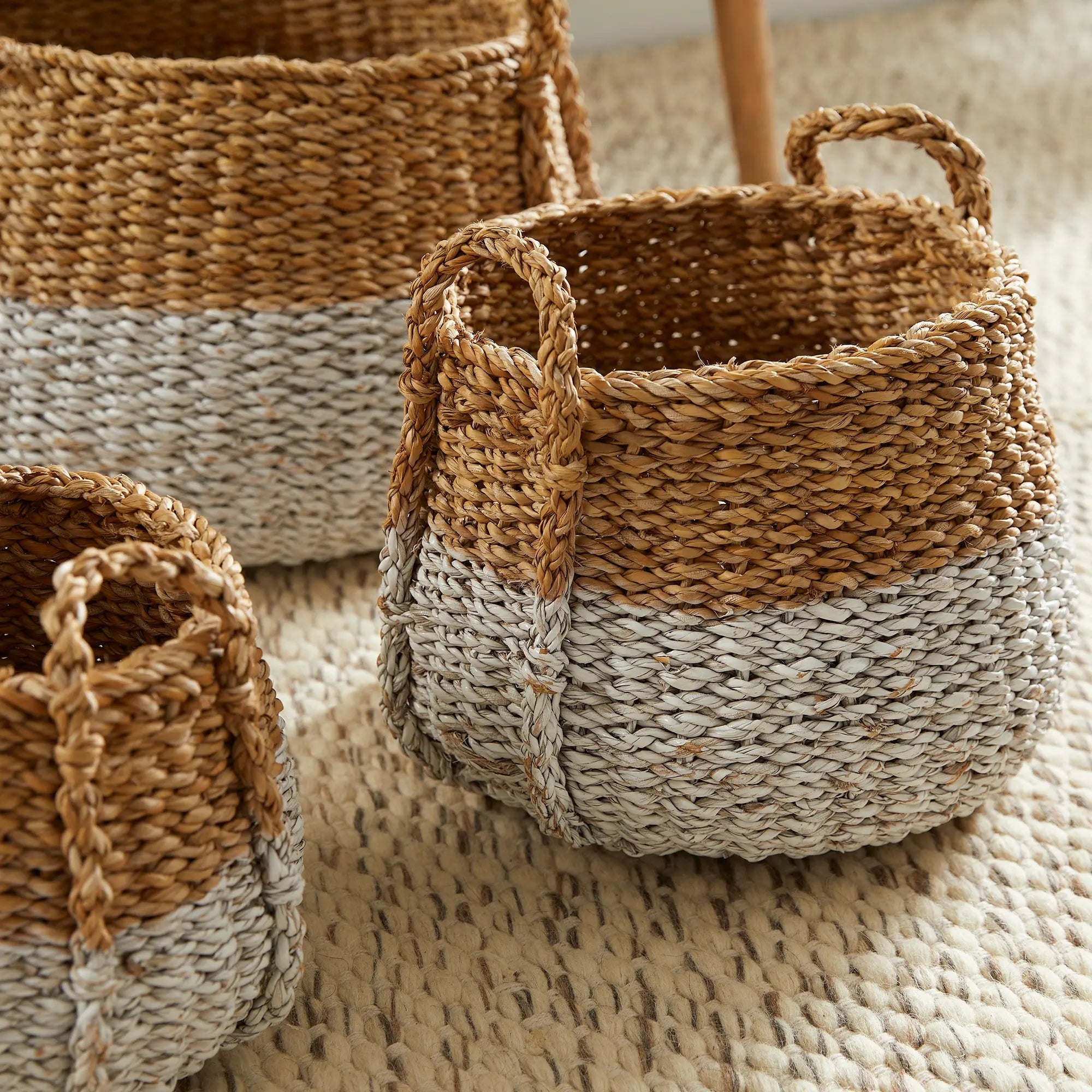 SEAGRASS ROUND BASKETS WITH HANDLES, SET OF 3 Villa Decor & Design