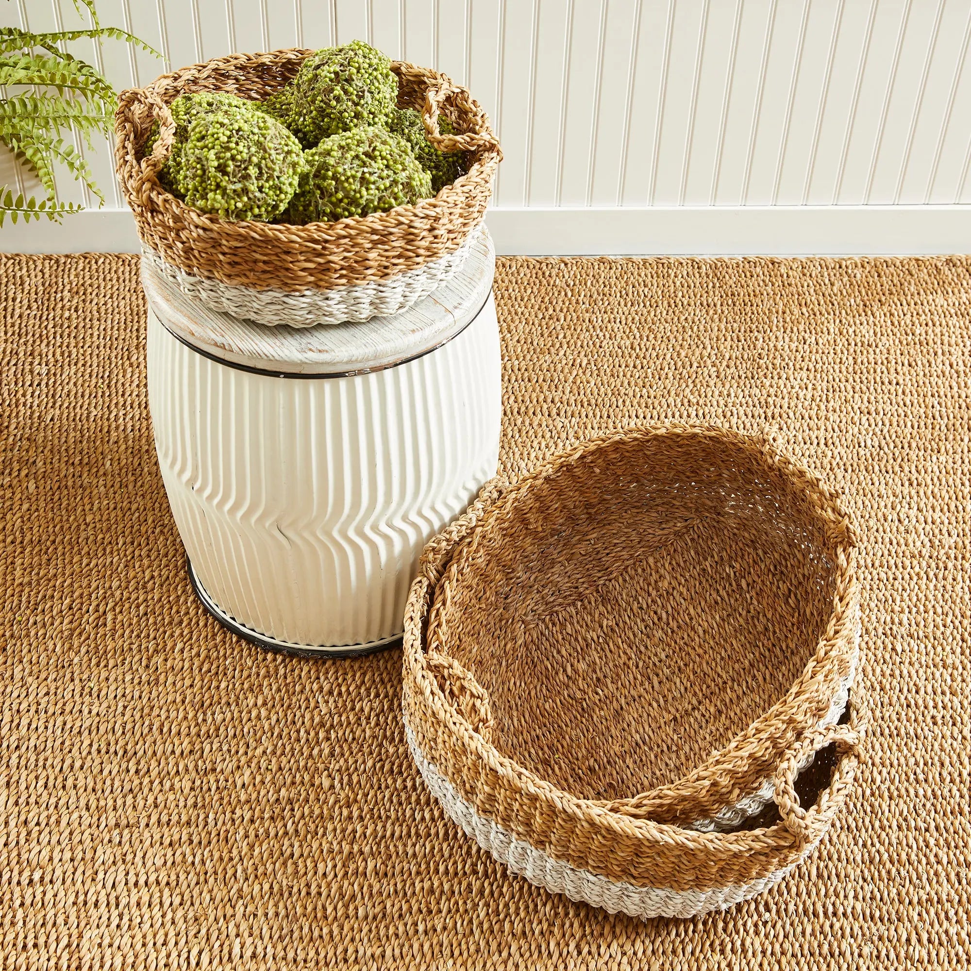 SEAGRASS SHALLOW BASKETS WITH HANDLES, SET OF 3 Villa Decor & Design