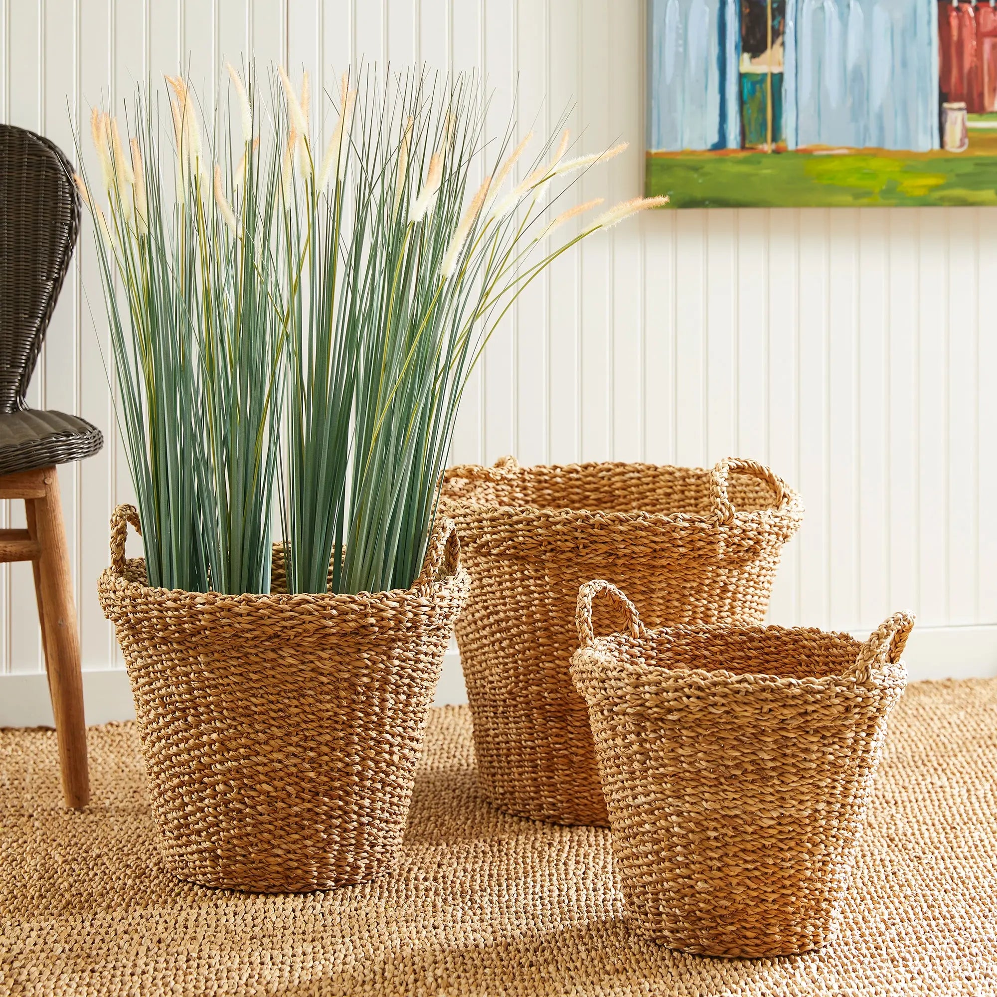 SEAGRASS TAPERED BASKETS WITH HANDLES, SET OF 3 Villa Decor & Design
