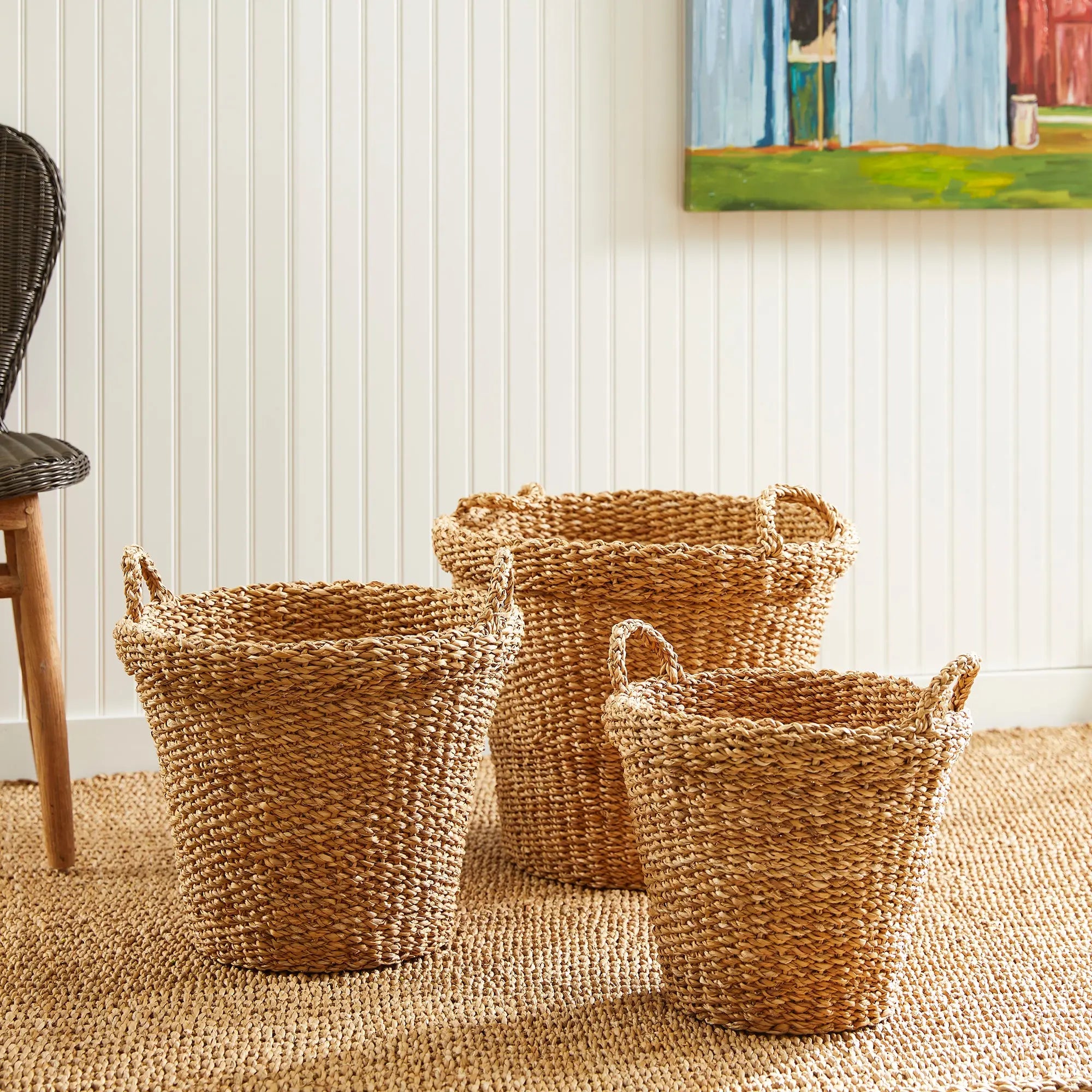 SEAGRASS TAPERED BASKETS WITH HANDLES, SET OF 3 Villa Decor & Design