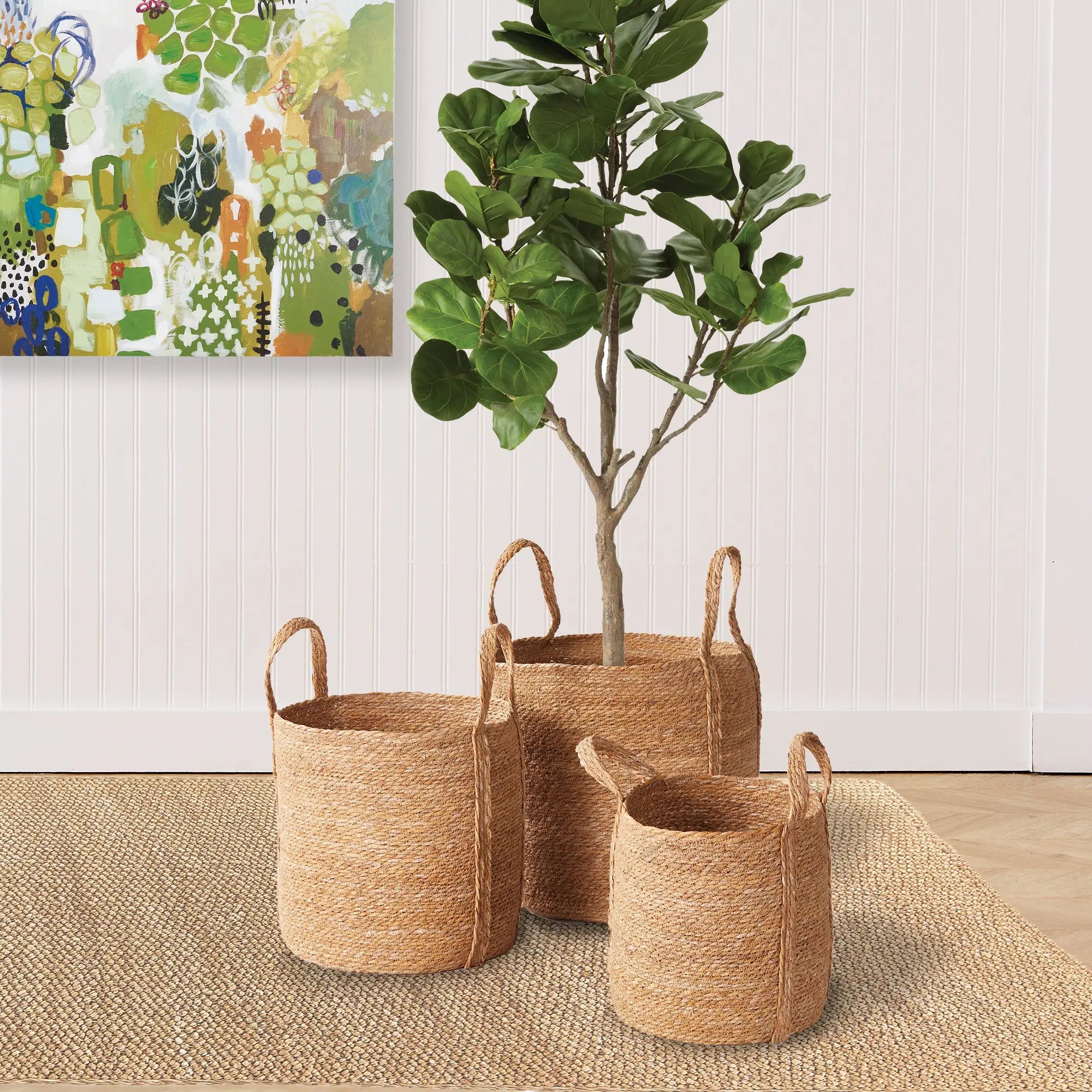 Seagrass Round Baskets with Long Handles, SET OF 3