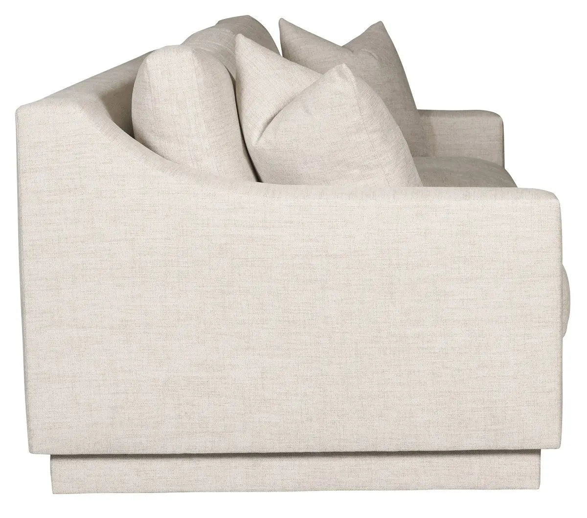 A long, sophisticated 94-inch Asher Sofa with softly sloped arms and a fully upholstered base in a light gray Thriller Linen performance fabric.