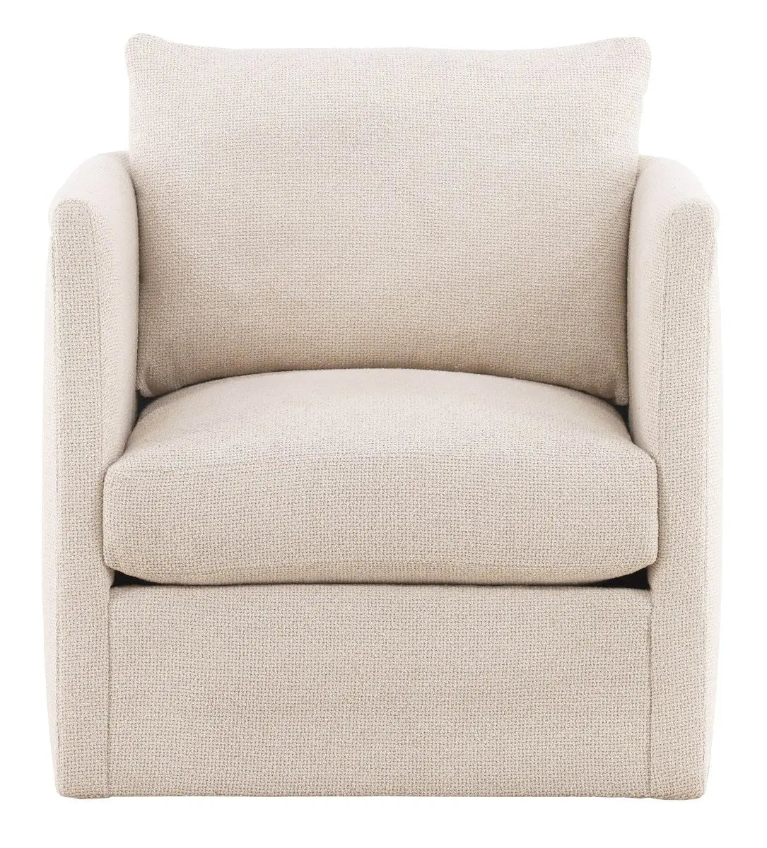 Liam Swivel Chair, a compact, tailored accent chair with a swivel base, upholstered in light Kendra Sand performance fabric.