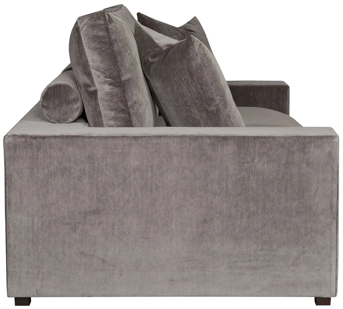 Lucca Two Seat Sofa upholstered in a dark, textured grey velvet fabric, showing its deep seats and plush back cushions.