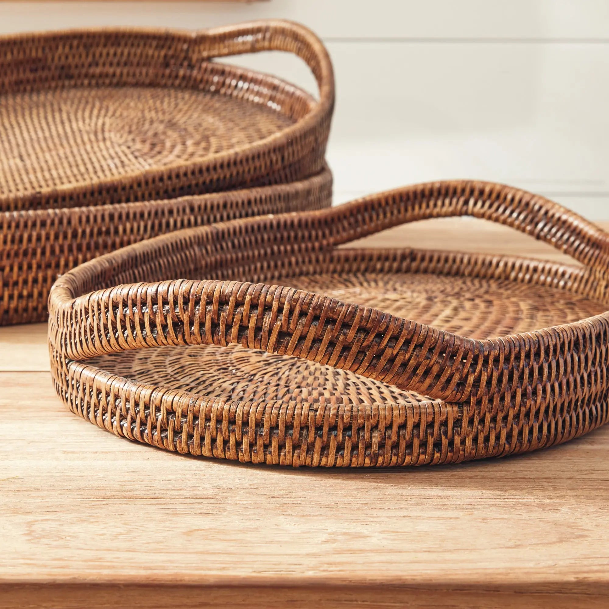 Burma Rattan Oval Serving Trays - Set of 3 Tight-Weave Baskets (3 Finishes) - Villa Decor & Design