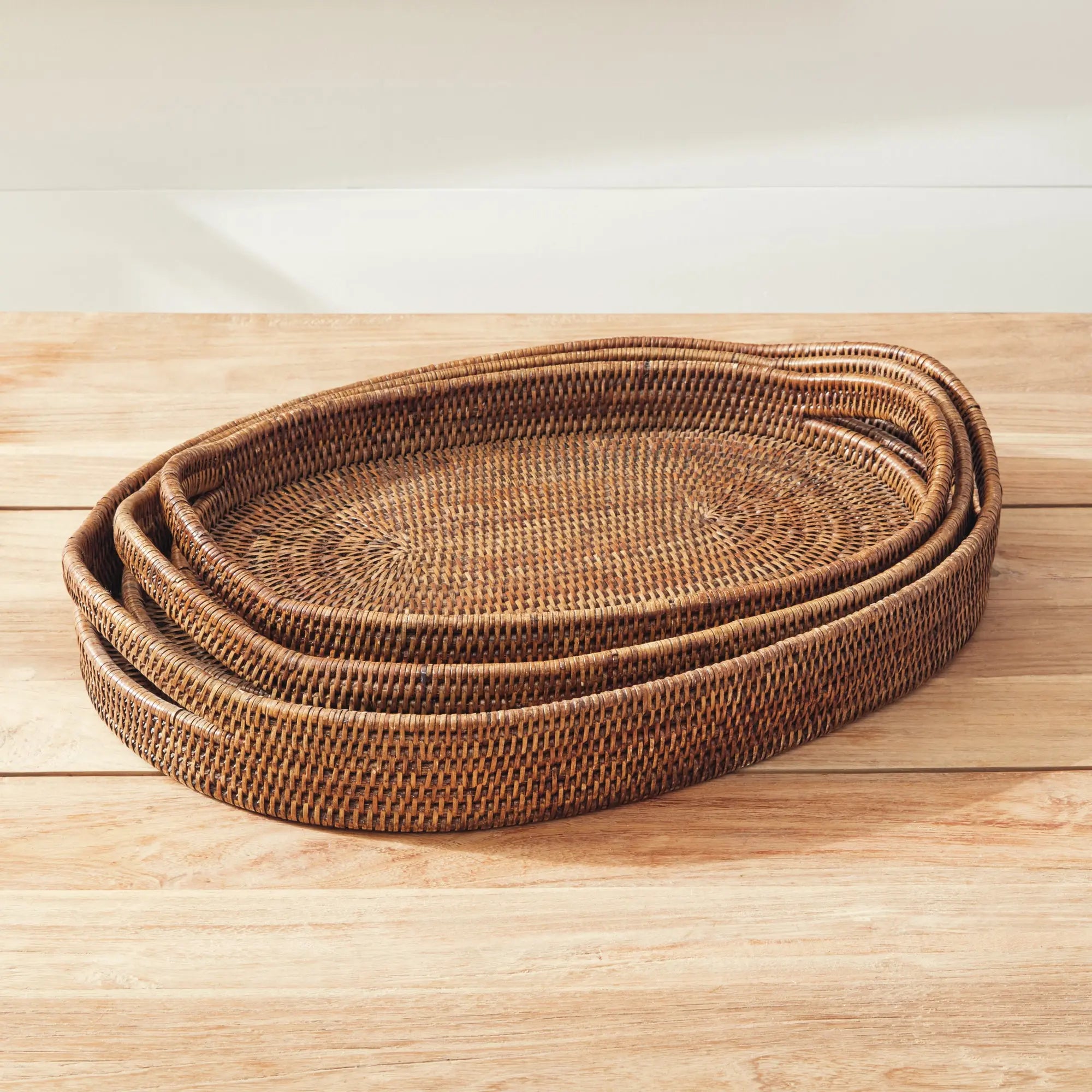 Burma Rattan Oval Serving Trays - Set of 3 Tight-Weave Baskets (3 Finishes) - Villa Decor & Design