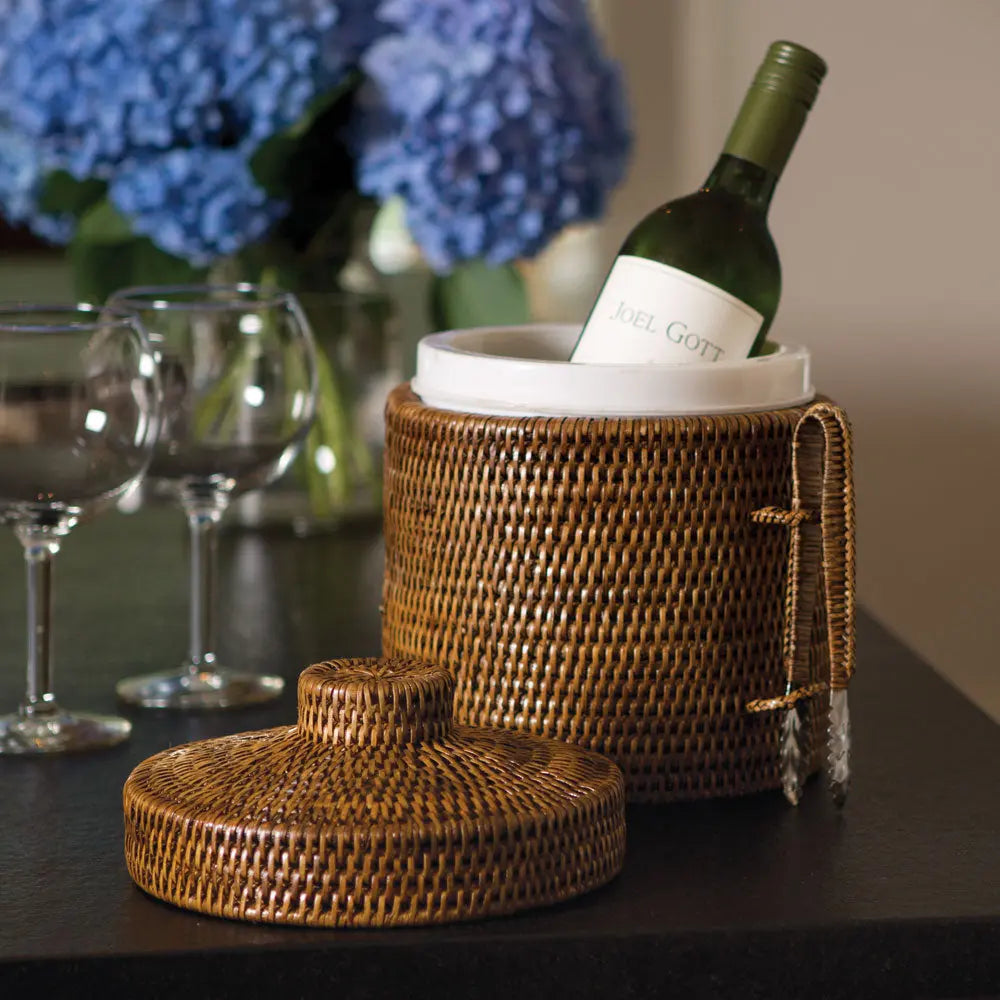 Warm Brown Rattan Ice Bucket with Lid and Tongs