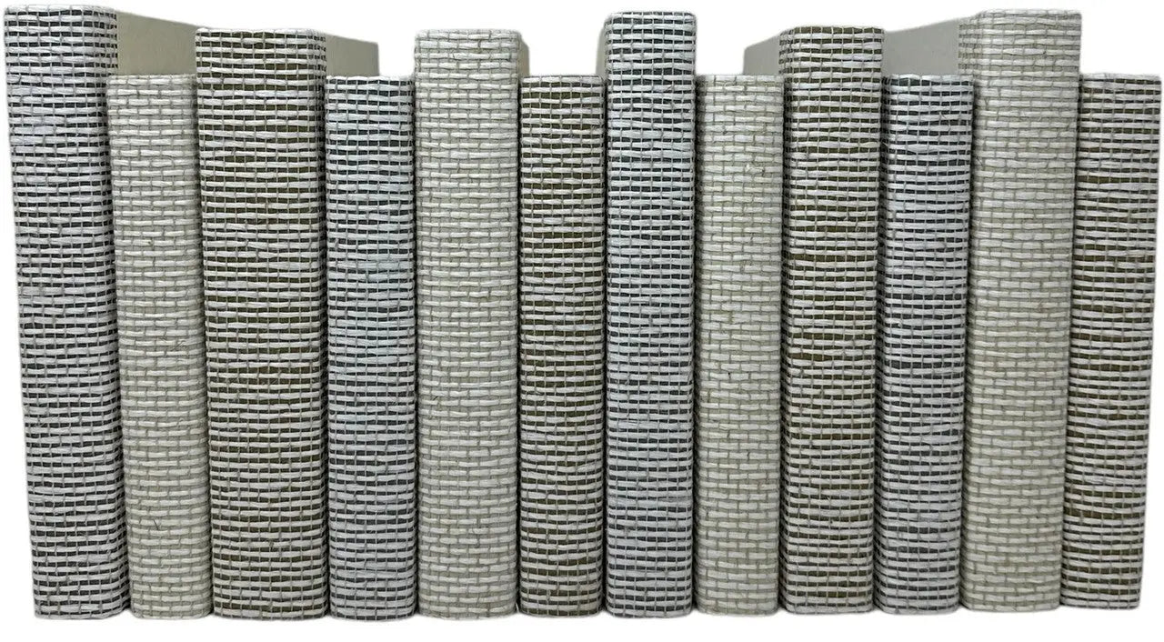 12 Vol. Woven Mix decorative books - neutral putty, charcoal and flax woven texture books with off-white covers for bookshelf styling