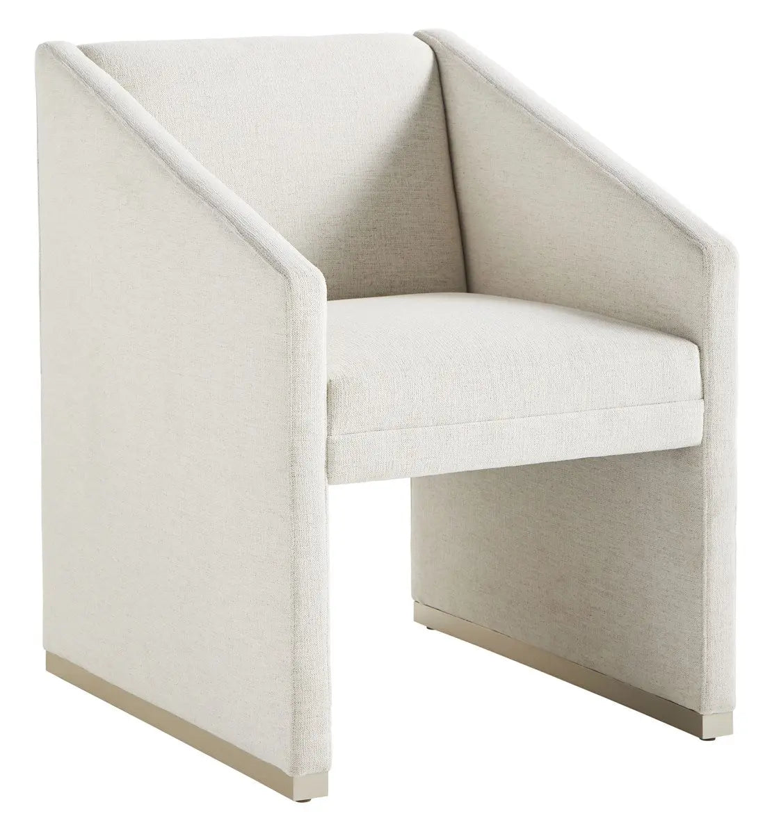 Dunecrest Dining Chair, an upholstered dining chair with arms, covered in light Nomad Snow fabric and featuring a modern Cava wood finish.