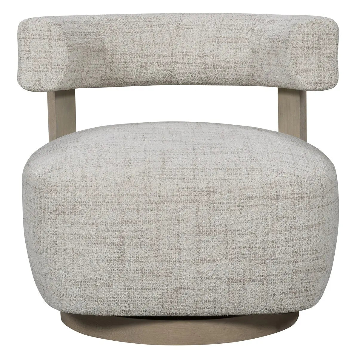 Daydream Swivel Chair, a modern, low-profile accent chair with a curved bolster back, upholstered in light Reynolds Linen fabric with exposed oak wood supports.