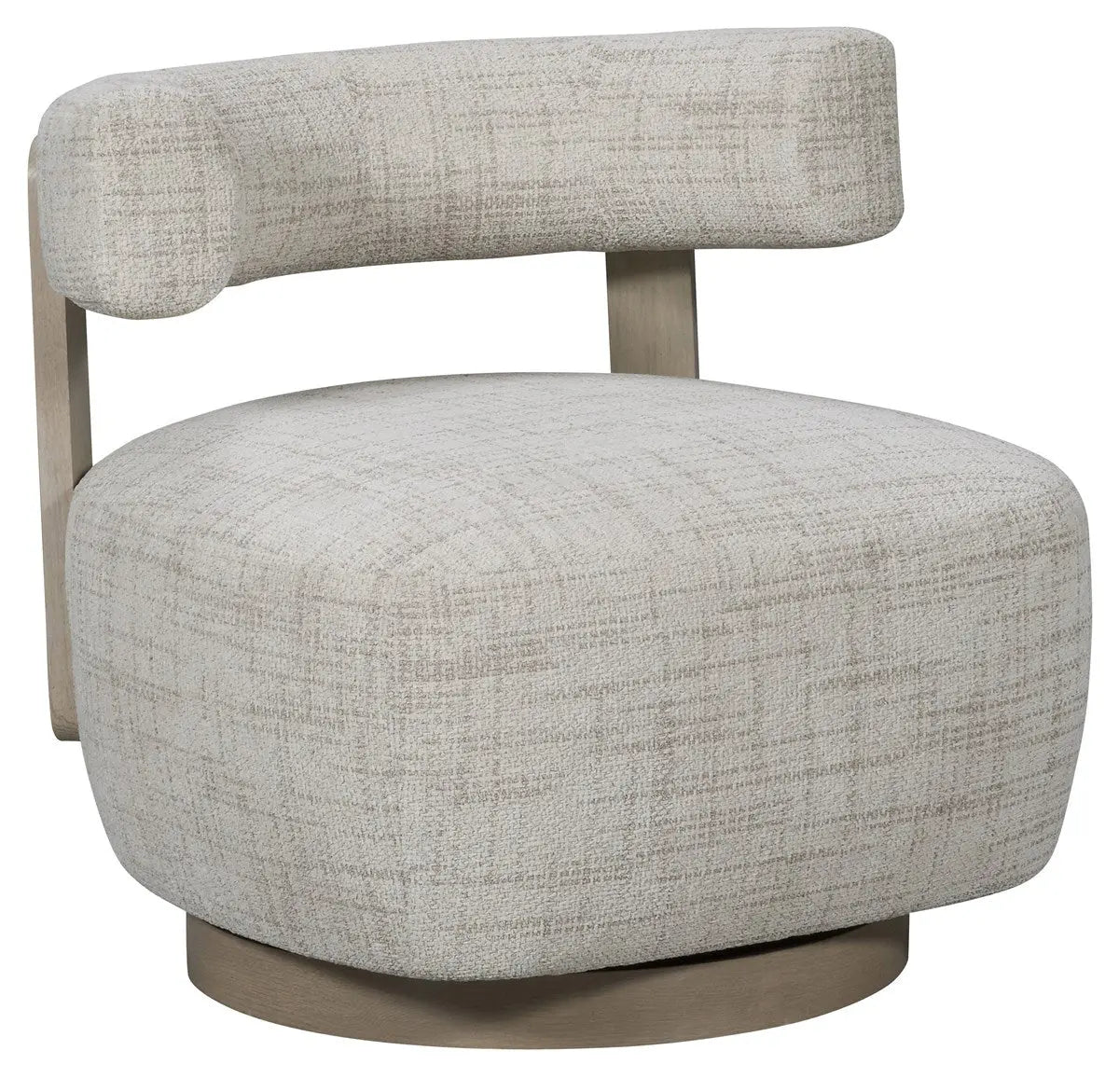Daydream Swivel Chair, a modern, low-profile accent chair with a curved bolster back, upholstered in light Reynolds Linen fabric with exposed oak wood supports.