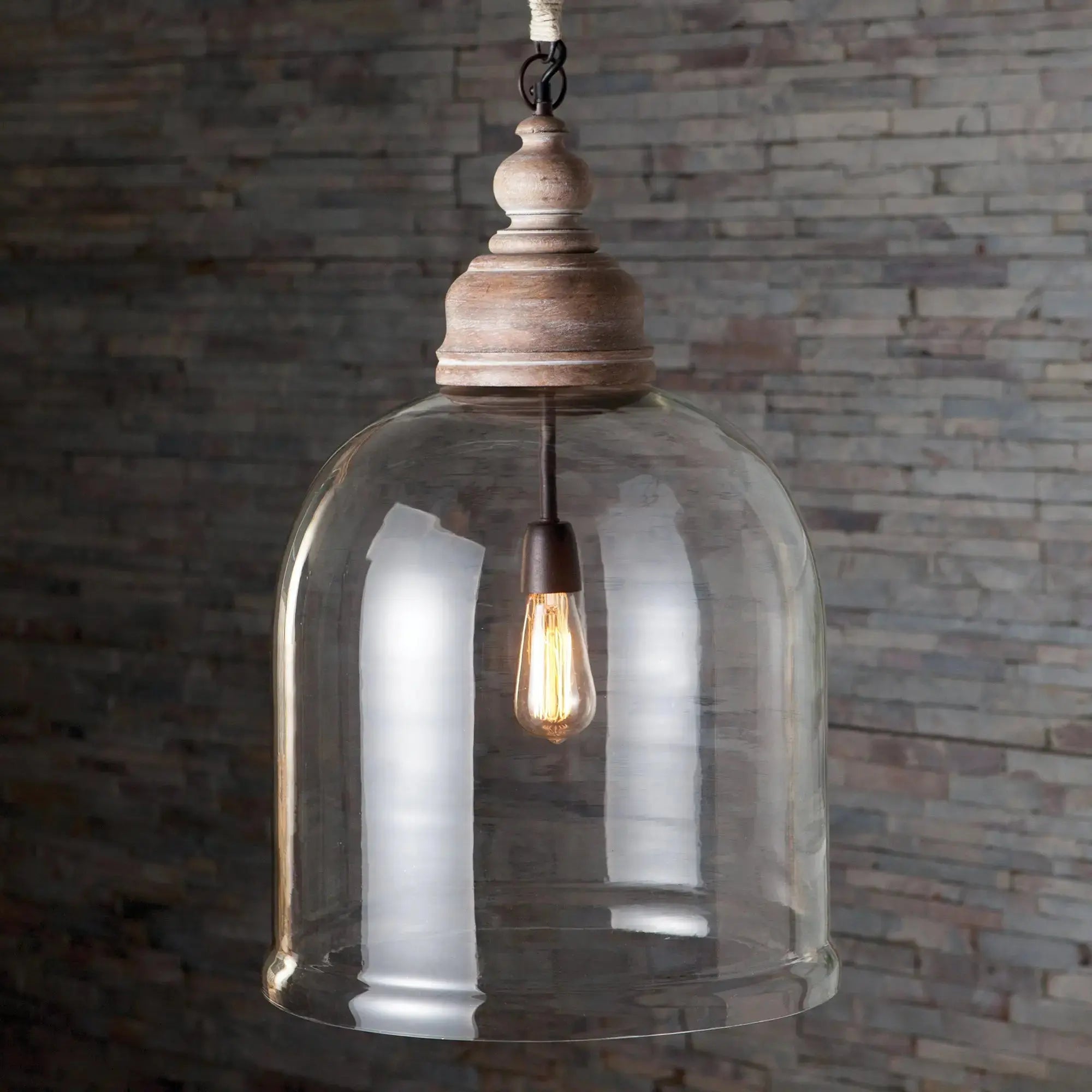 Vintner's Cloche Pendant - Whitewashed Wood & Glass Coastal Light - Villa Decor & Design