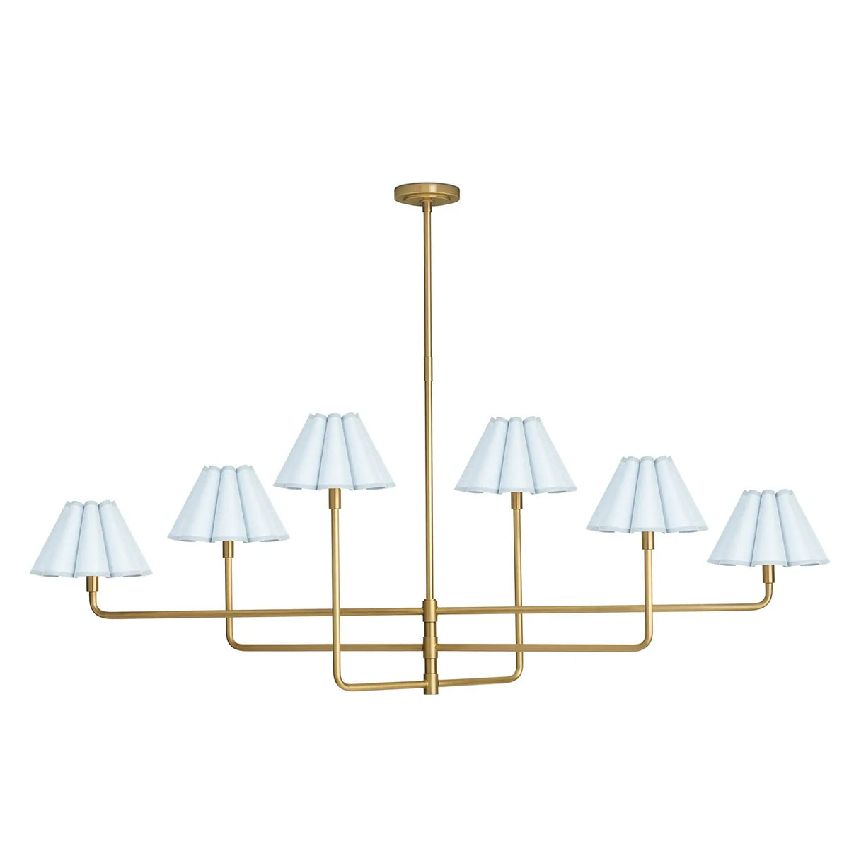 Polly chandelier in natural brass with Mist Blue scalloped shades