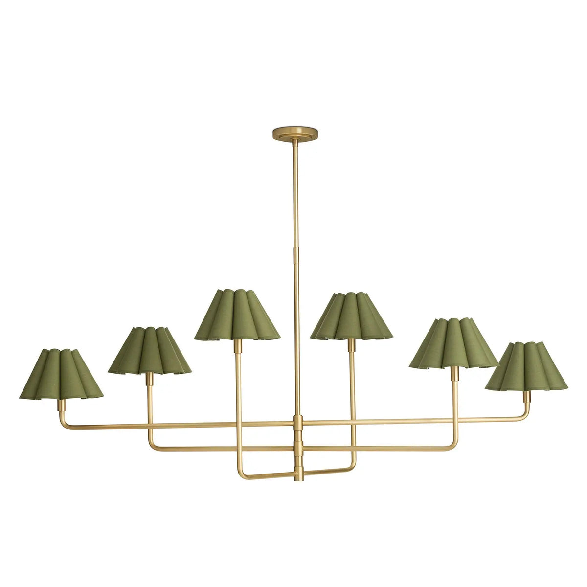 Polly chandelier in natural brass with Olive scalloped shades
