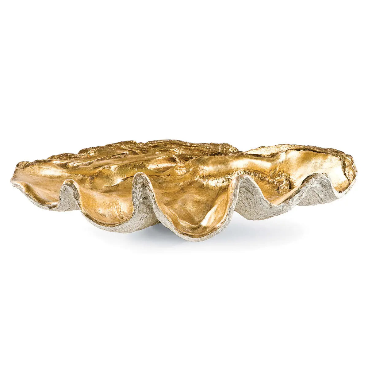 Regina Andrew Golden Clam Bowl, showing the large decorative shell dish with a natural exterior and a shining, hand-finished gold interior.