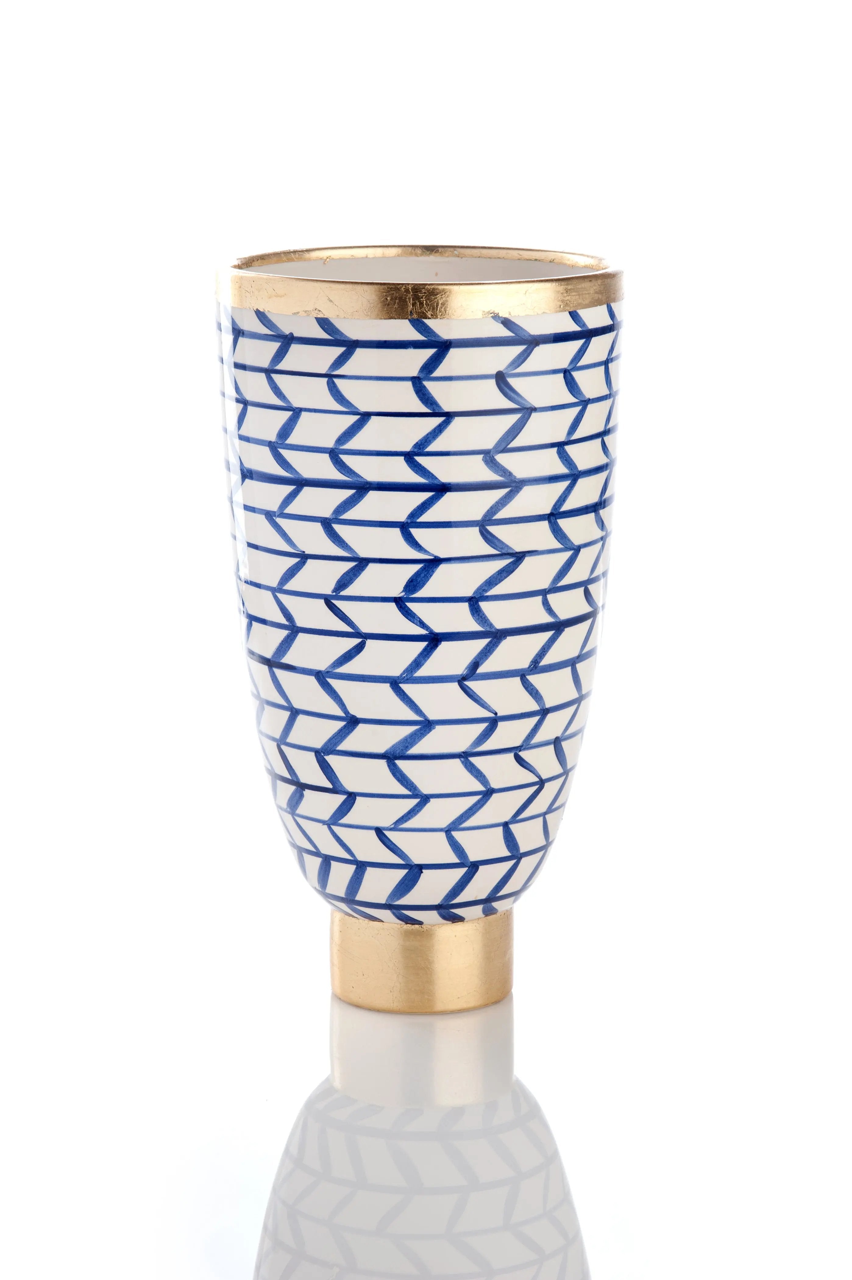 Contempo Geometric Italian Ceramic Vase - Blue White Gold Trim - Villa Decor & Design