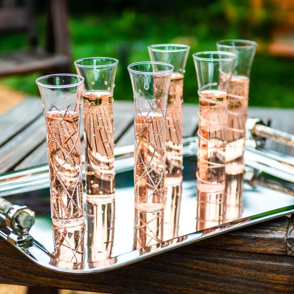 Razzle Dazzle stemless champagne flutes set of 6 with unique raised glass designs - elegant wedding gift and party glassware