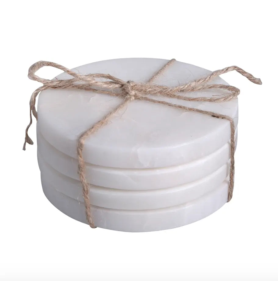 Marble Coasters Set of 4 - round natural stone coasters with unique veining for elegant table protection and home entertaining