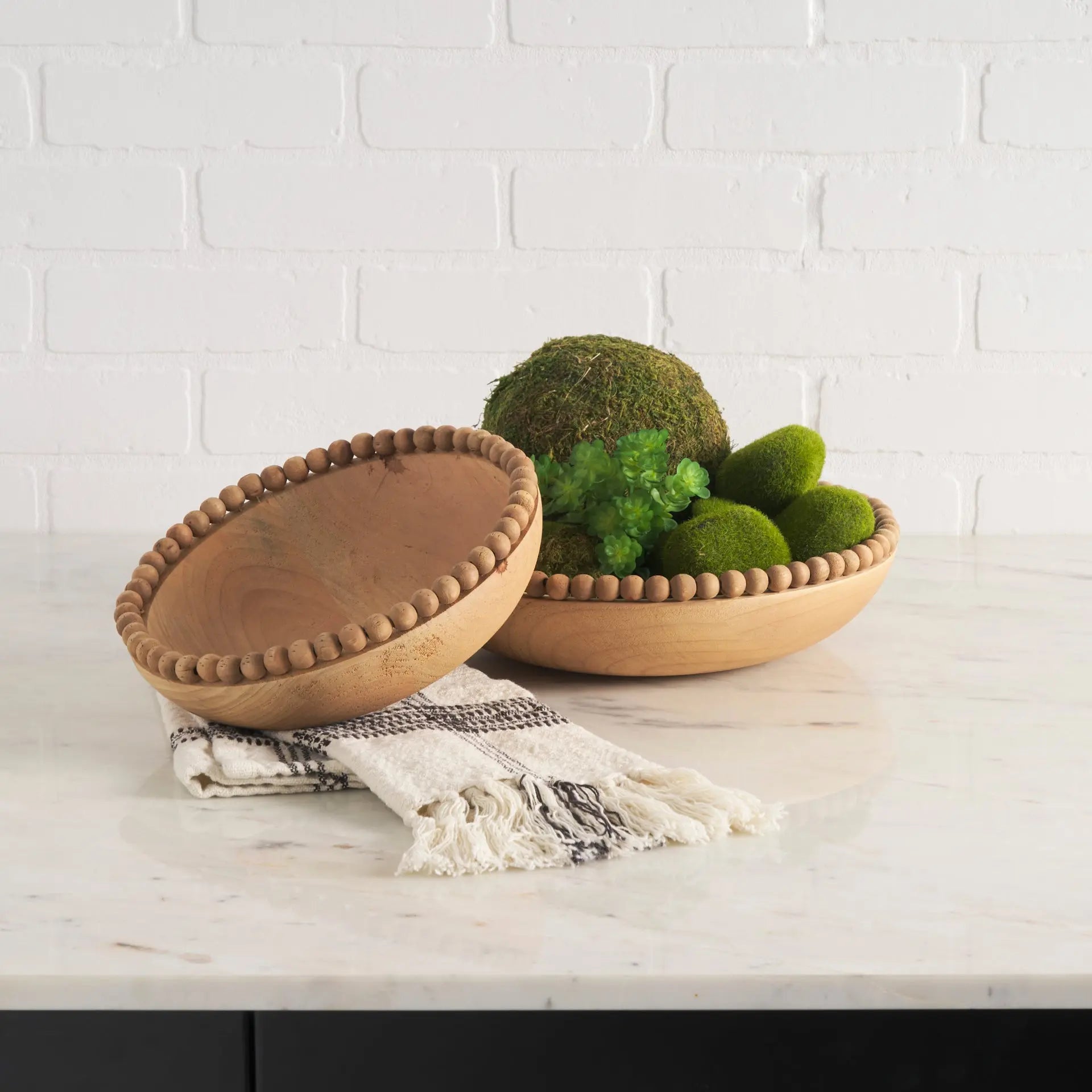 Wendell Wood Beaded Round Bowls - Set of 2 | Solid Wood Decorative Accents Mercana