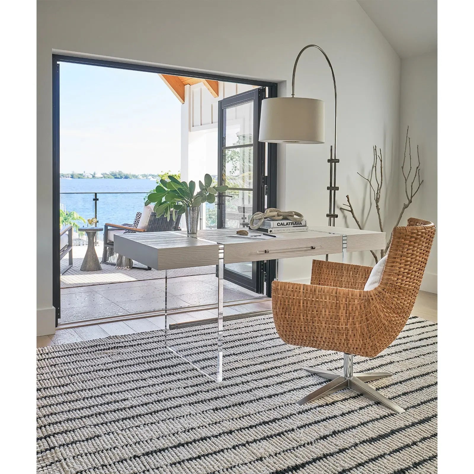 Arc Floor Lamp with fabric shade in Polished Nickel finish – contemporary home décor accent