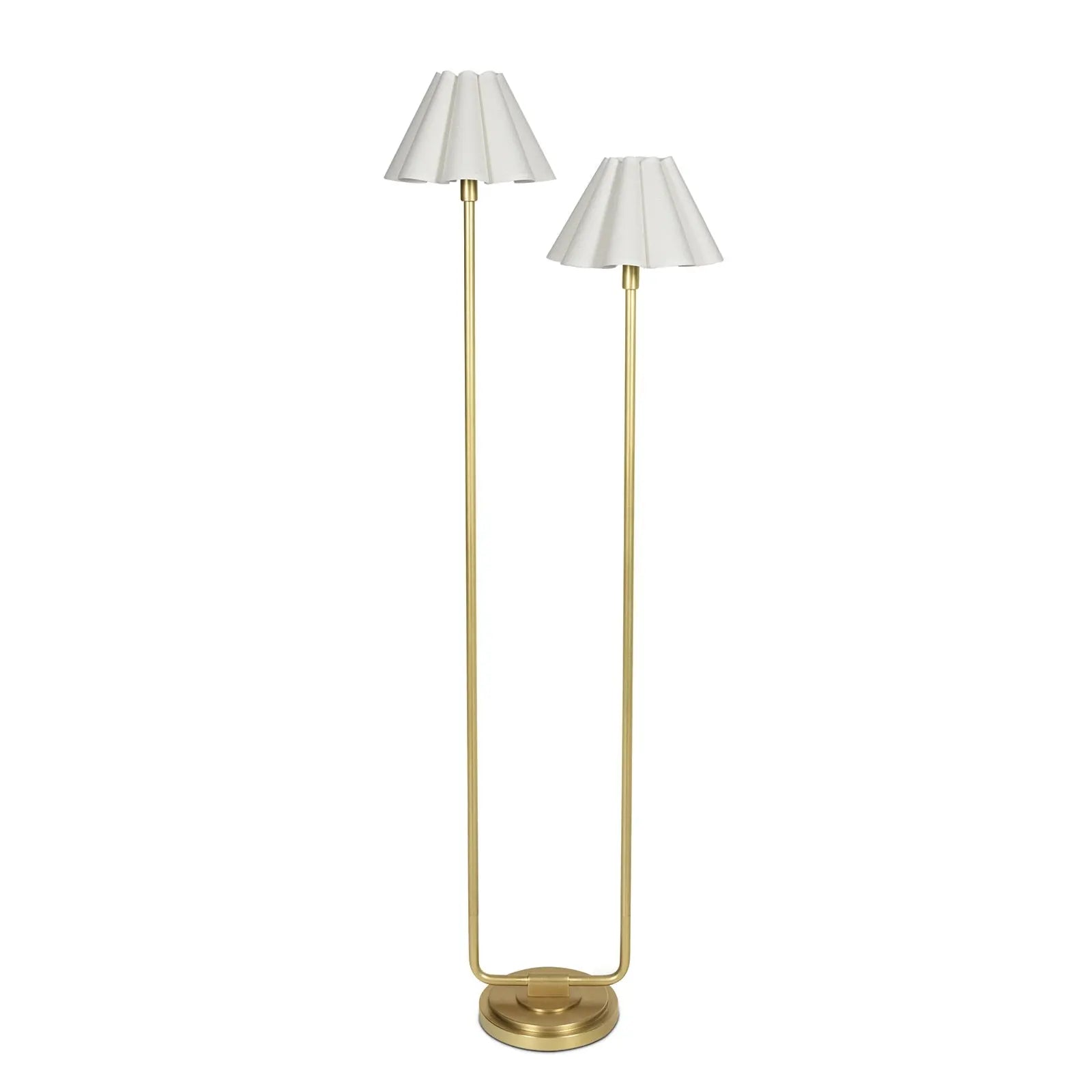 Pair of gold floor lamps with white lampshades on a white background