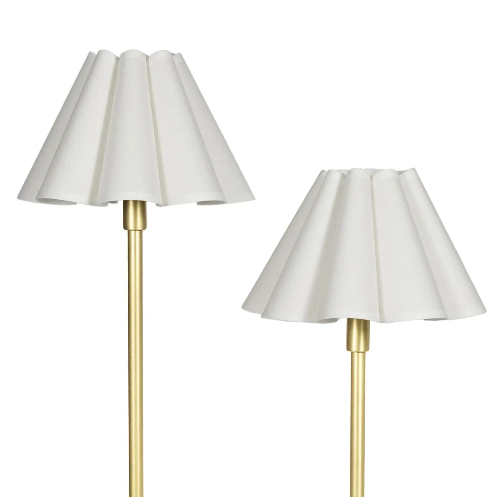 Two table lamps with white lampshades and gold bases on a white background