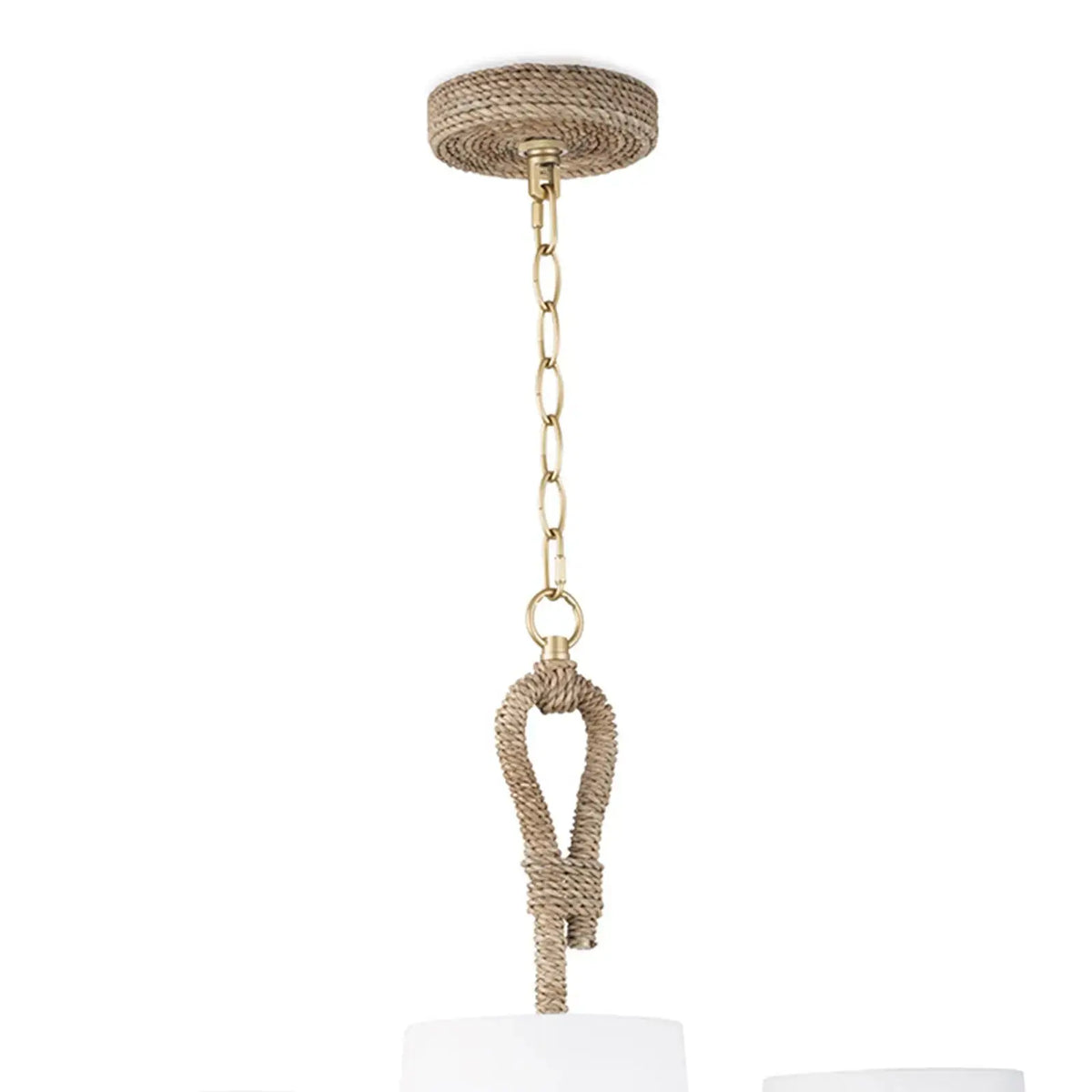 Close-up of the large Bimini chandelier's woven seagrass canopy mount