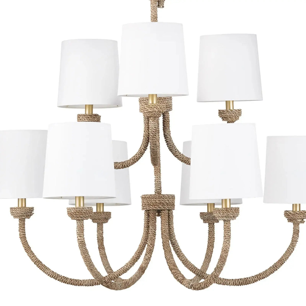 Bimini large seagrass chandelier, front view showing linen shades