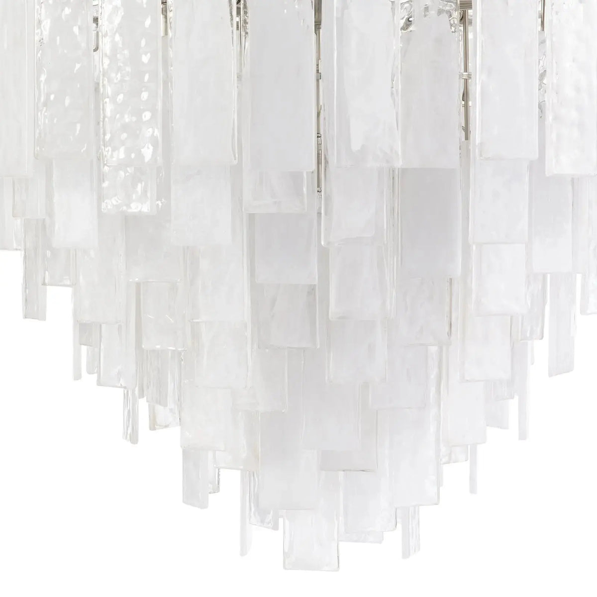 Glacier polished nickel chandelier, large size, close-up of glass texture