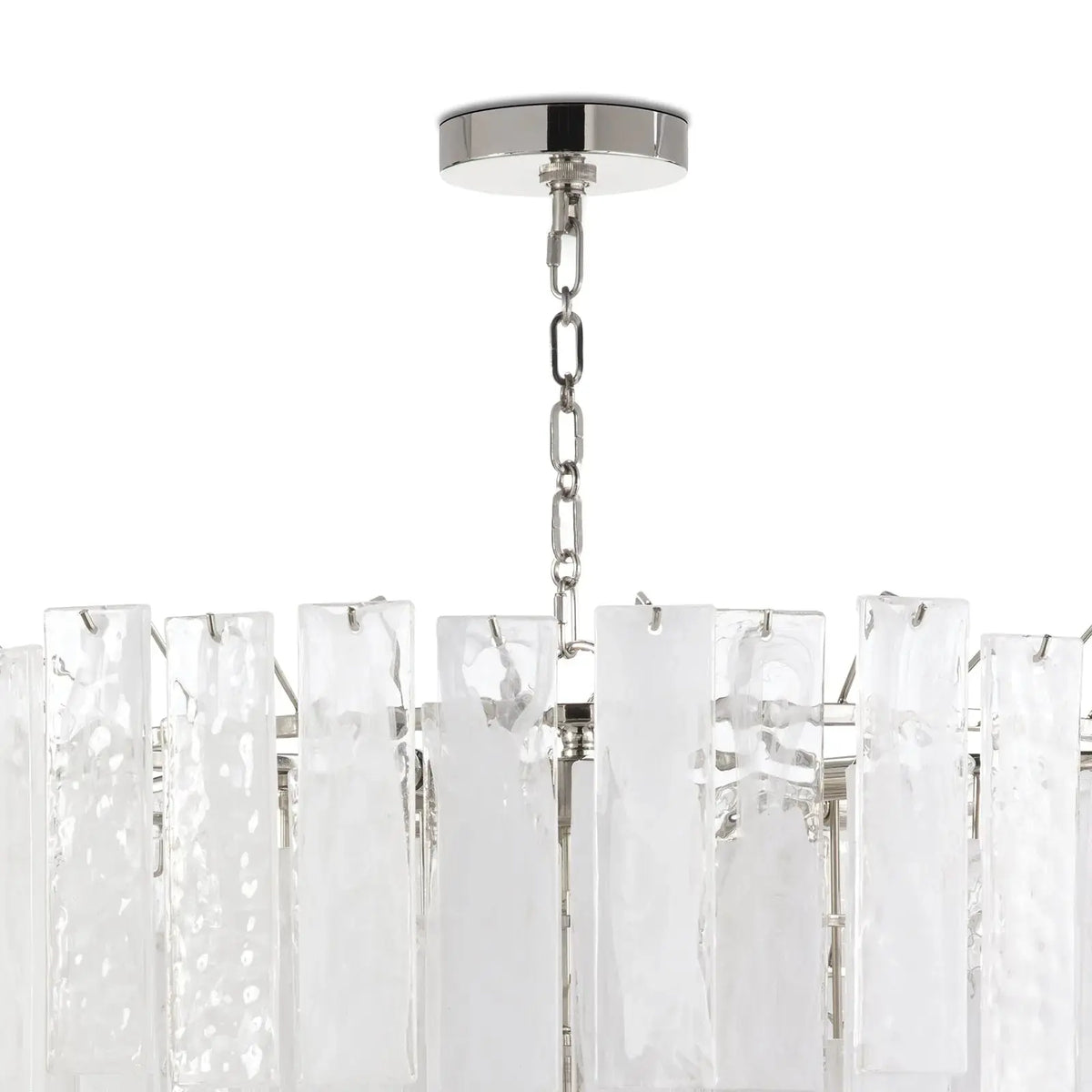 Glacier polished nickel chandelier ceiling mount, alternate angle