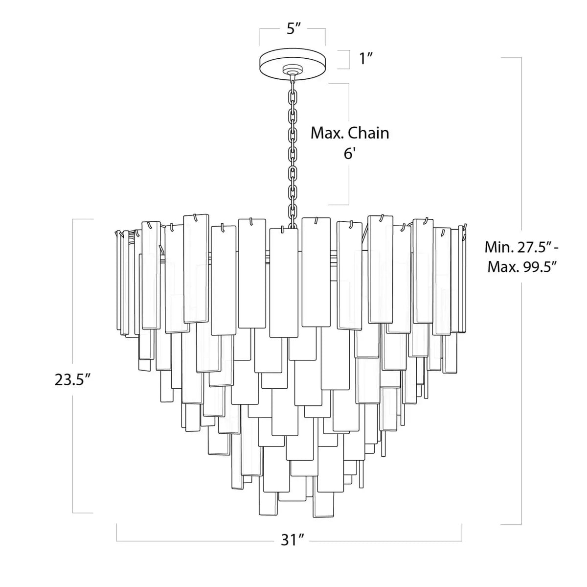 Glacier polished nickel chandelier dimension drawing, large size