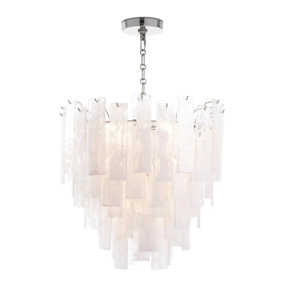 Glacier polished nickel chandelier with a warm pink-tinted glow, small size