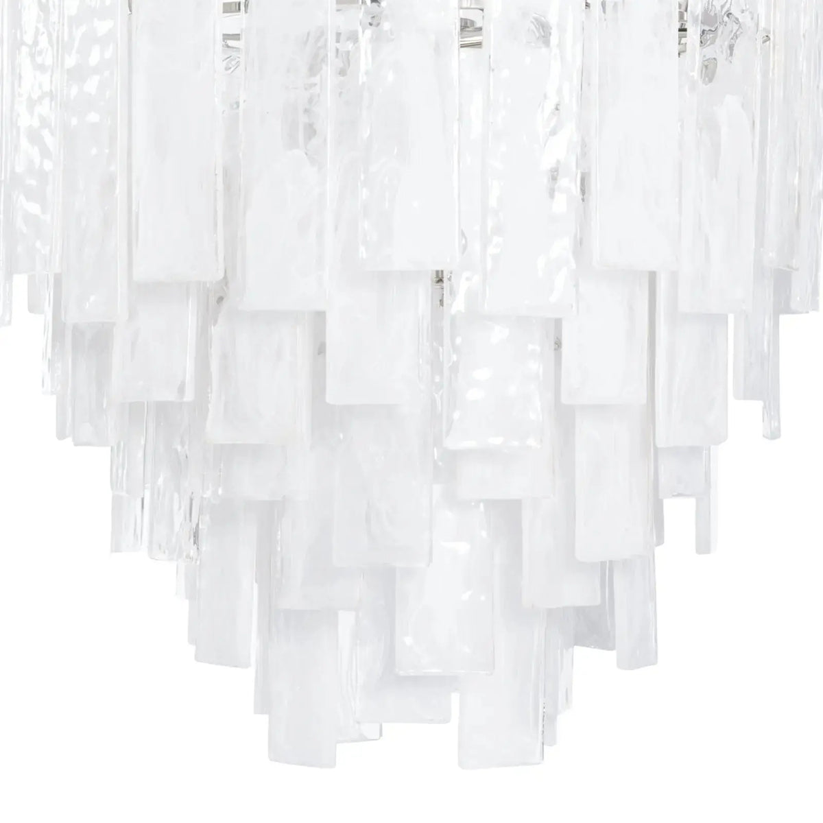 Glacier polished nickel chandelier, large size, close-up of swirled glass panes
