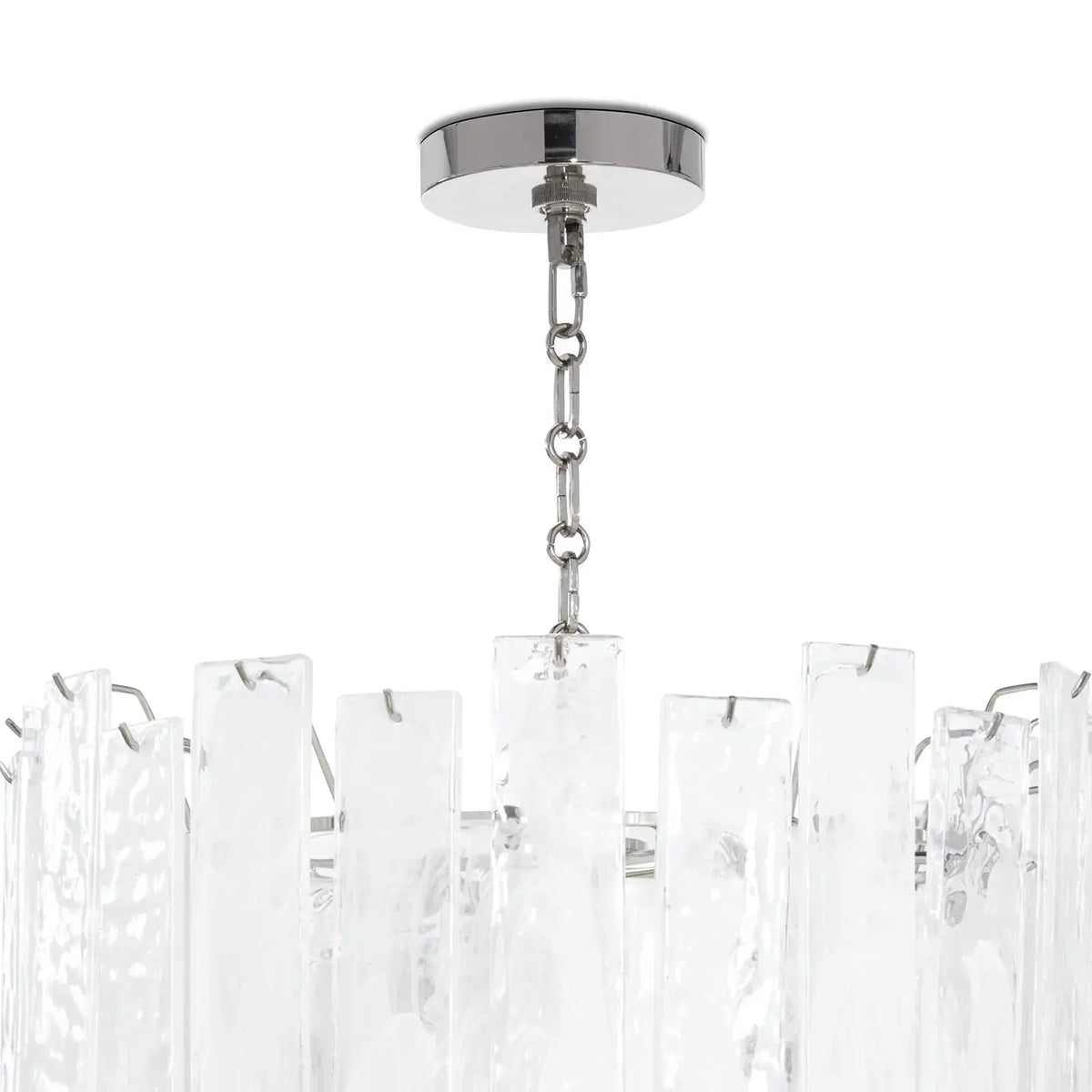 Glacier chandelier ceiling mount detail, polished nickel