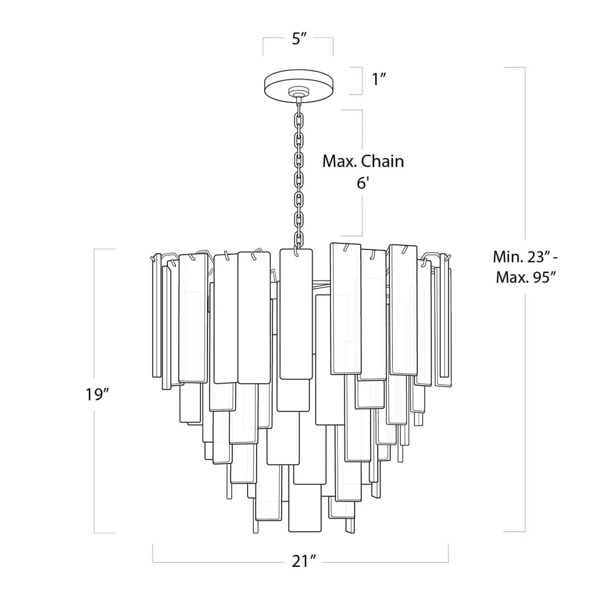 Glacier polished nickel chandelier dimension drawing, small size