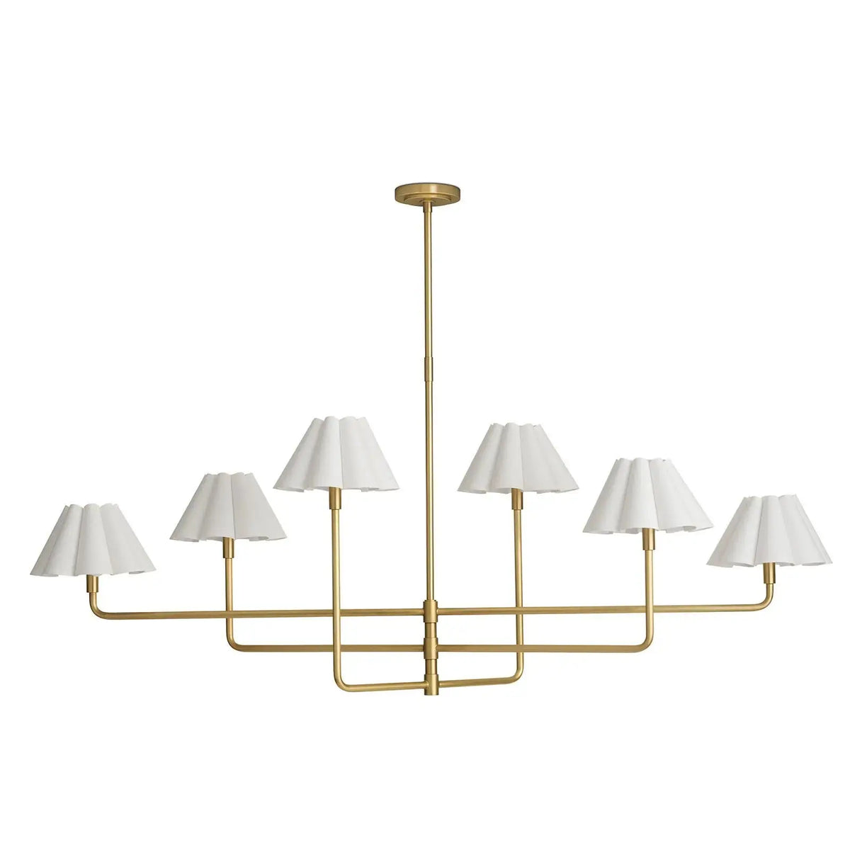 Polly brass chandelier with six white scalloped shades