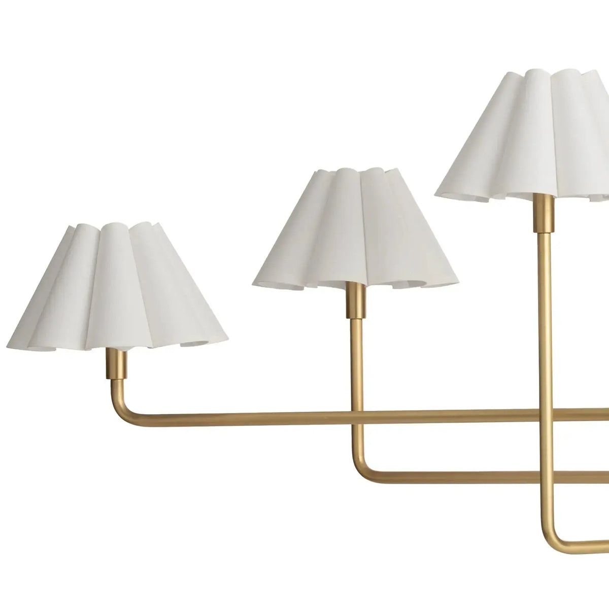 Polly chandelier with arms spread, white scalloped shades close-up