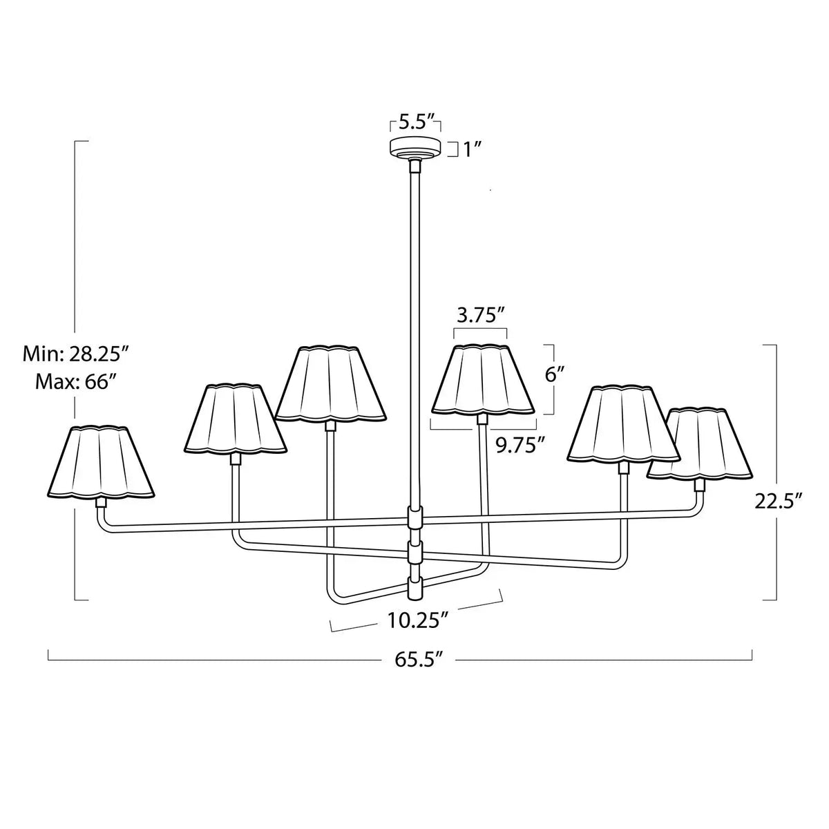 Polly chandelier with white shades, dimension drawing