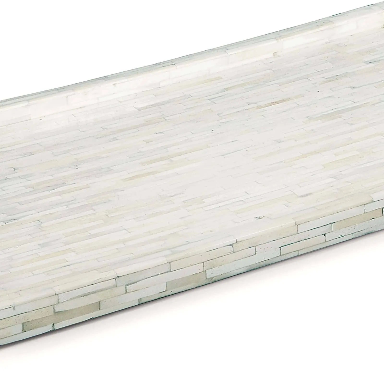Large rectangular White Bone Inlay Decorative Tray with a mosaic pattern and polished nickel handles.