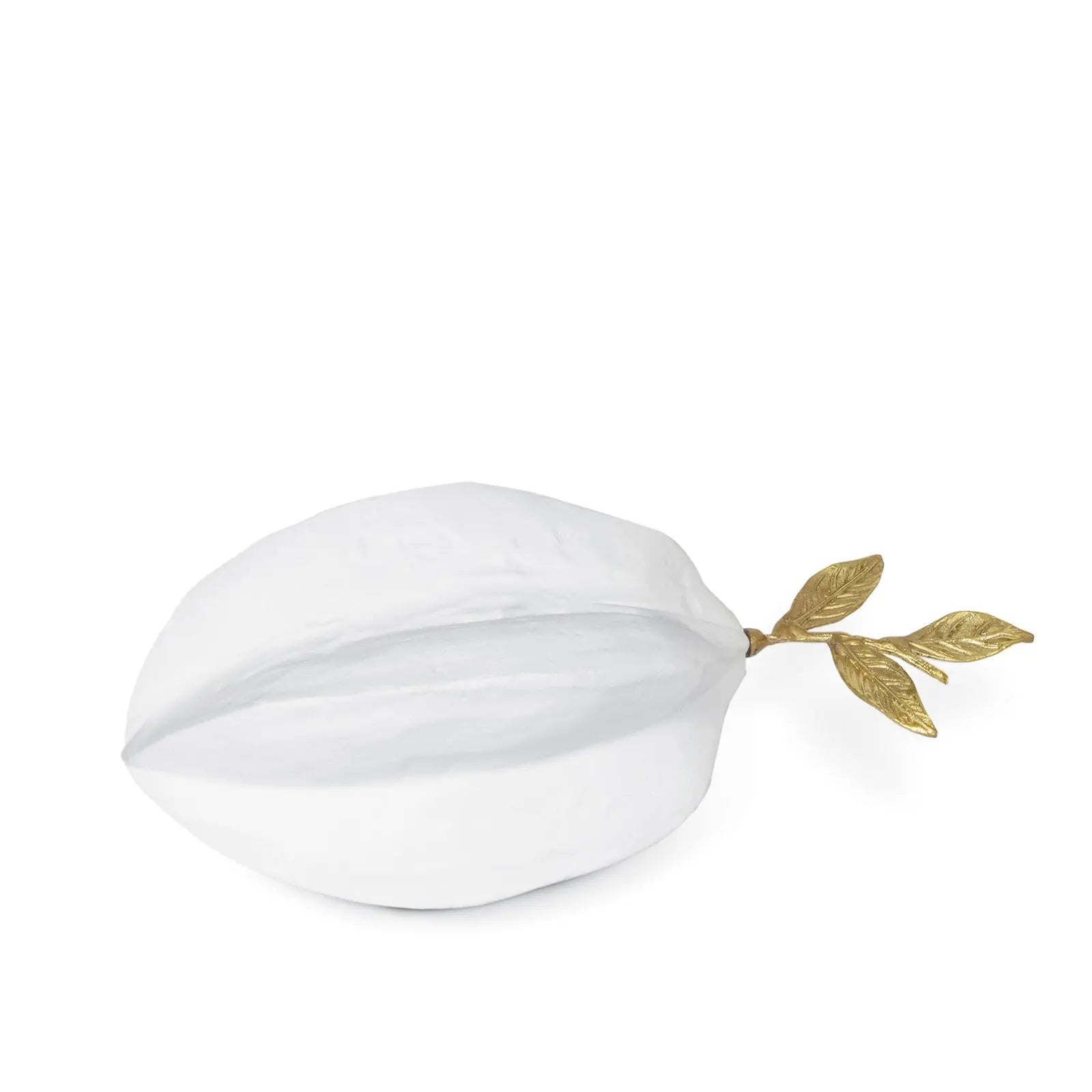 White marble-like object with gold leaf on a white background
