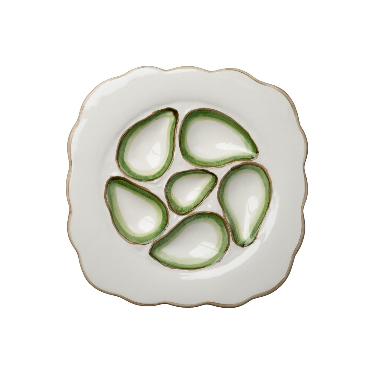 Scalloped Oyster Plates, White & Green – Set of 2