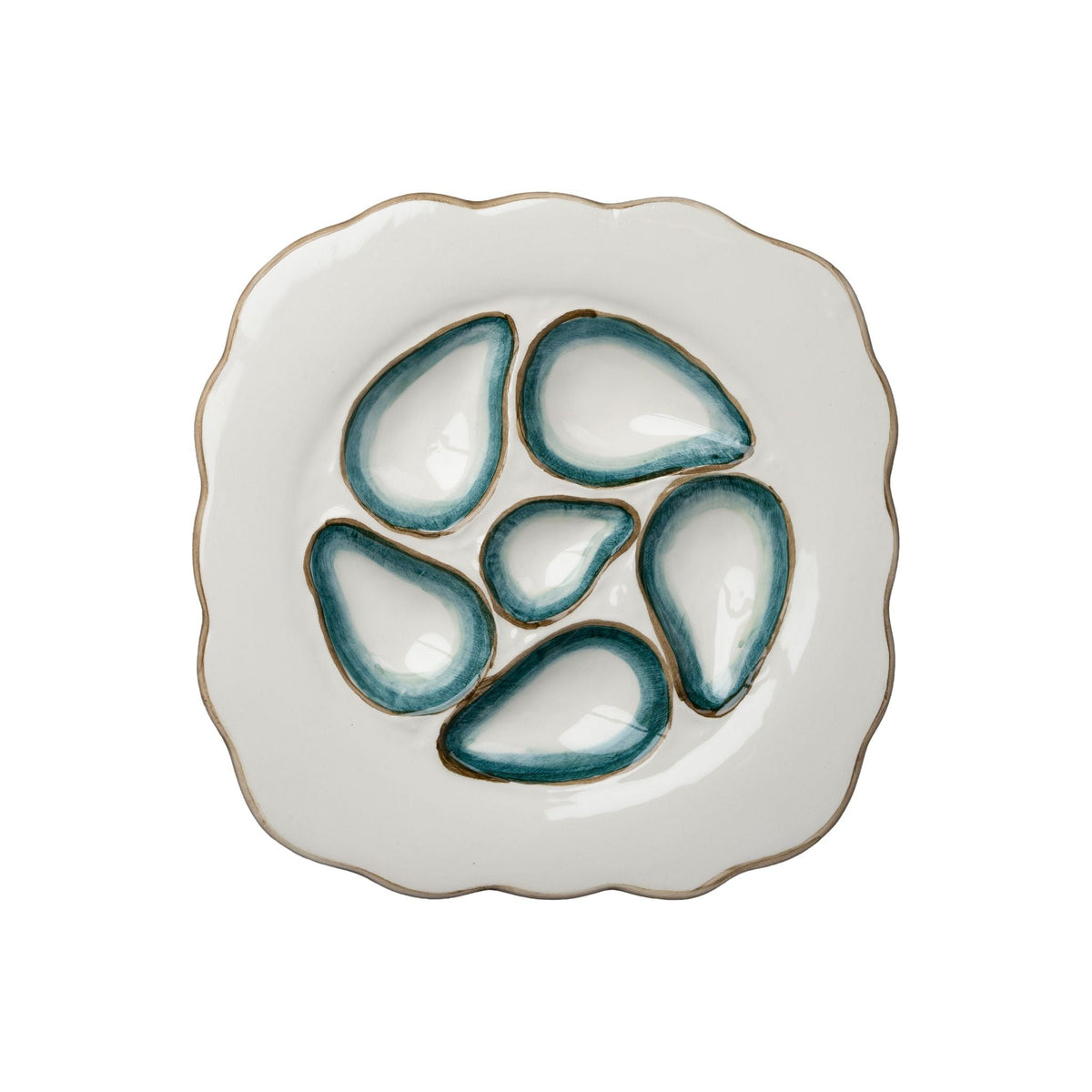 Scalloped Oyster Plates, White & Turquoise – Set of 2