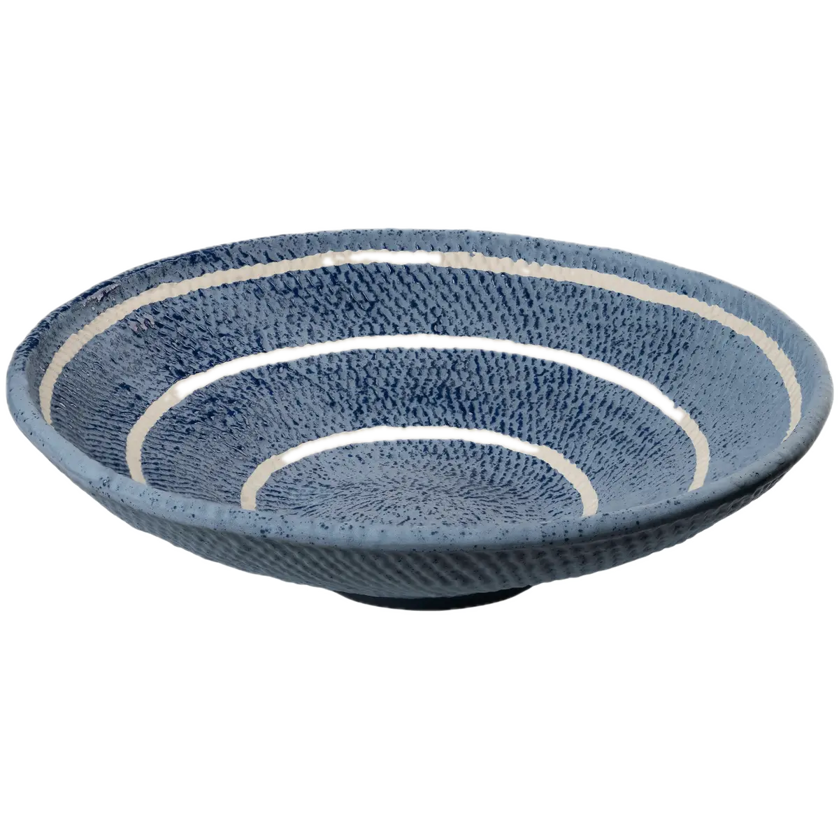 Blue ceramic bowl with textured surface and white interior on a white background