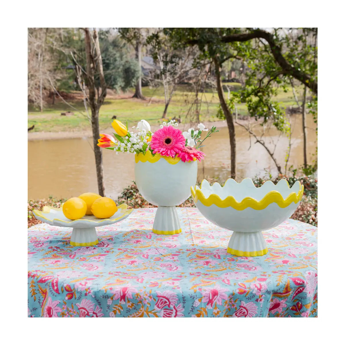 Rickrack Footed Bowl - Handmade Portuguese Scalloped Ceramic Centerpiece - Villa Decor & Design