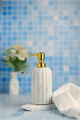 White Marble Soap Dispenser w/ Grooving - White/Gold | White Marble Soap Dispenser with Grooving BIDKHome