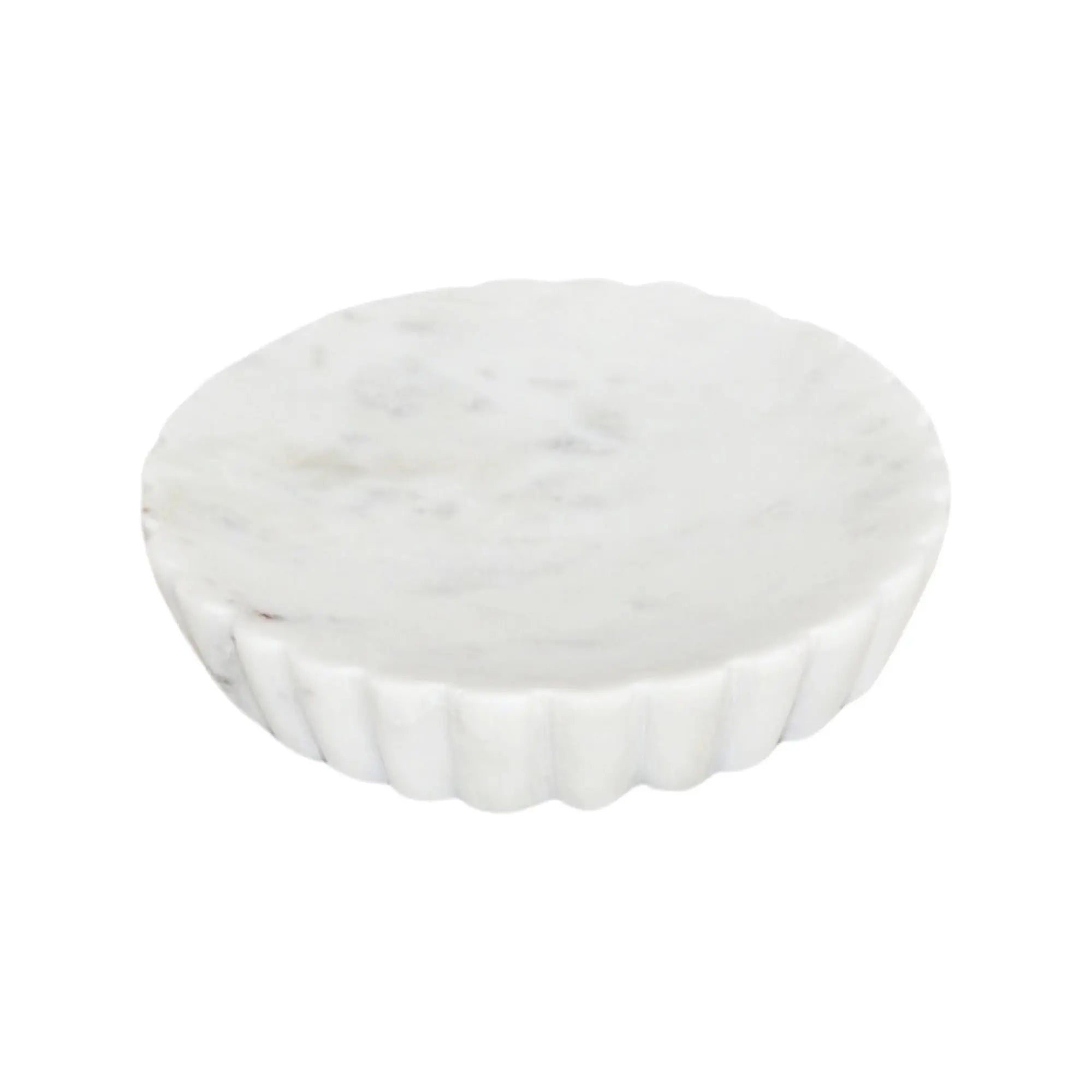 White Marble Soap Dish with Grooving – Elegant round marble bathroom accessory