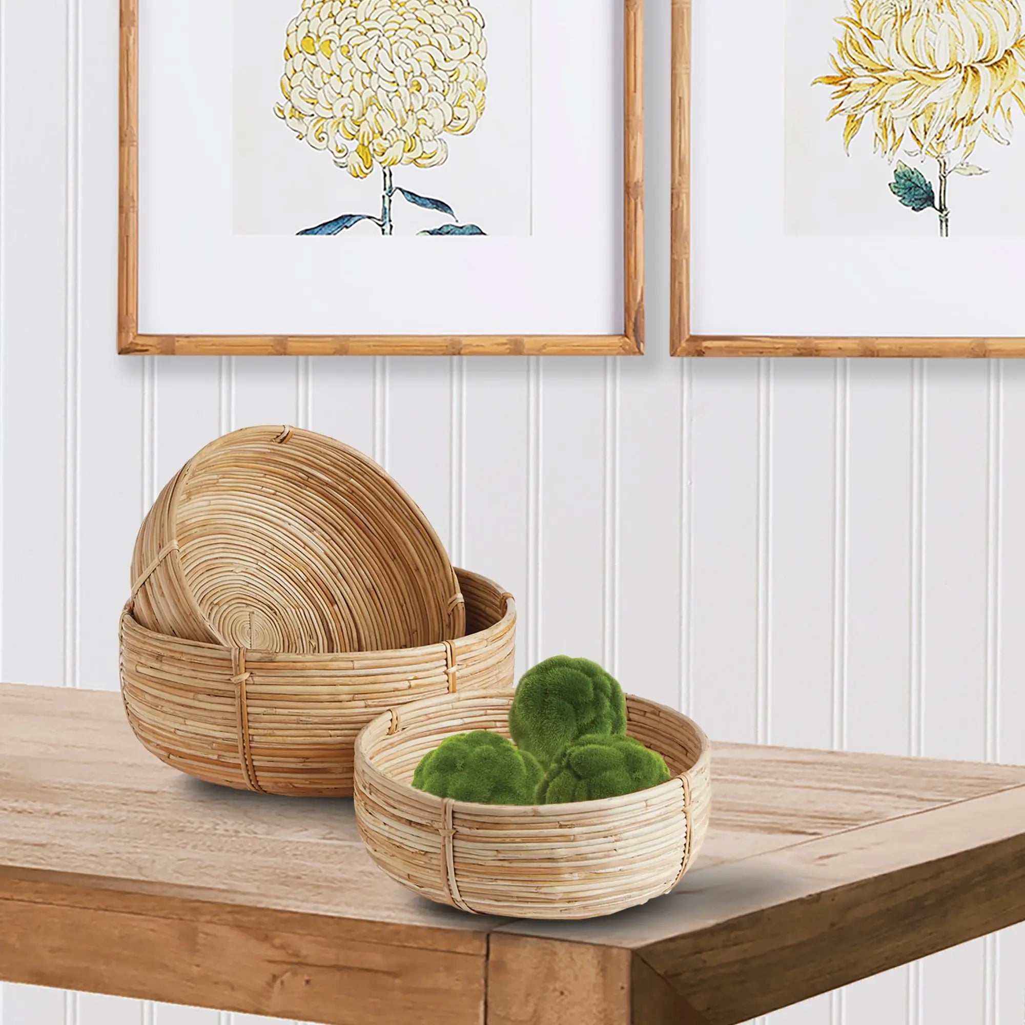 Set of Three Low Rattan Baskets