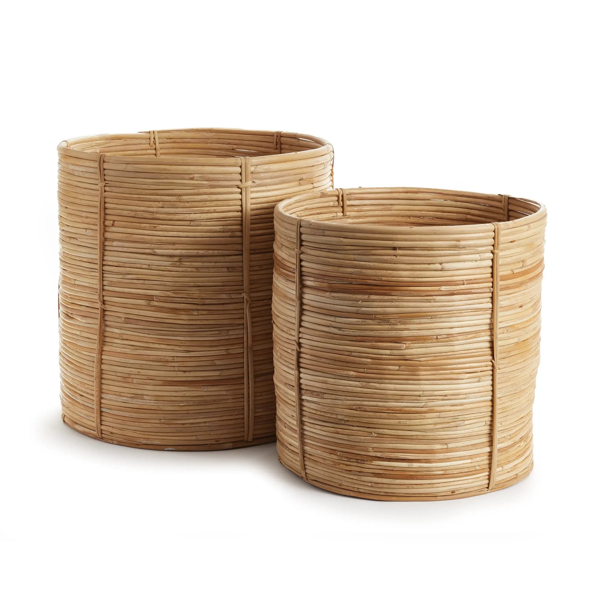 Two woven rattan planters on a white background